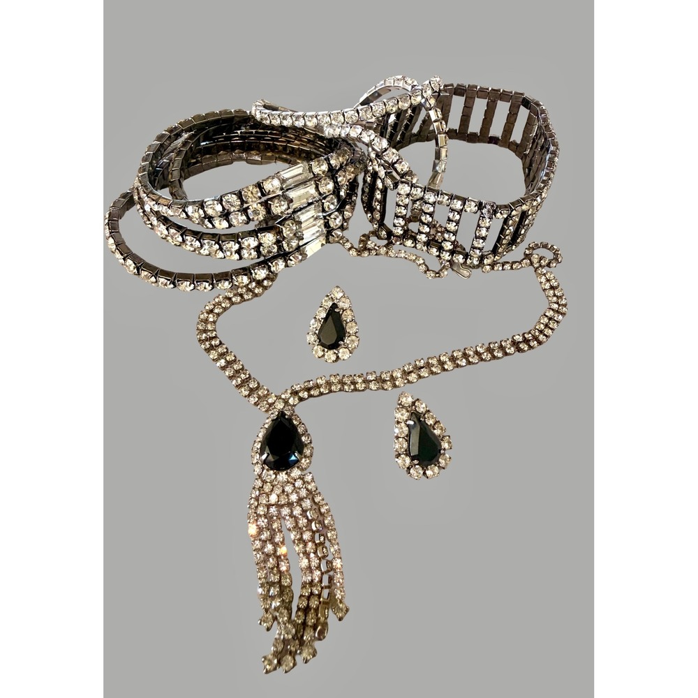 Vintage Gunmetal Rhinestone Jewelry Black Teardrop Necklace Bracelets Earrings